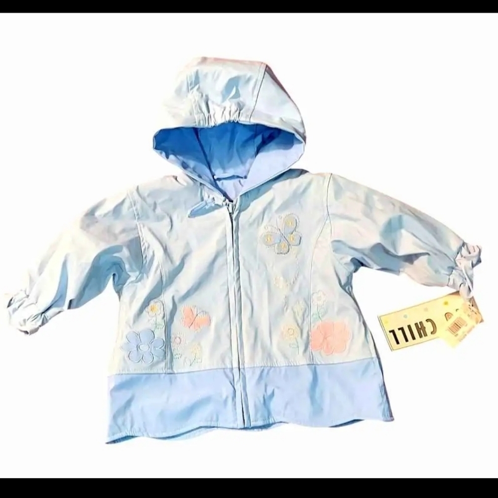 NWT Big Chill Light Blue Kids Raincoat with Floral Accents ~sz 12M